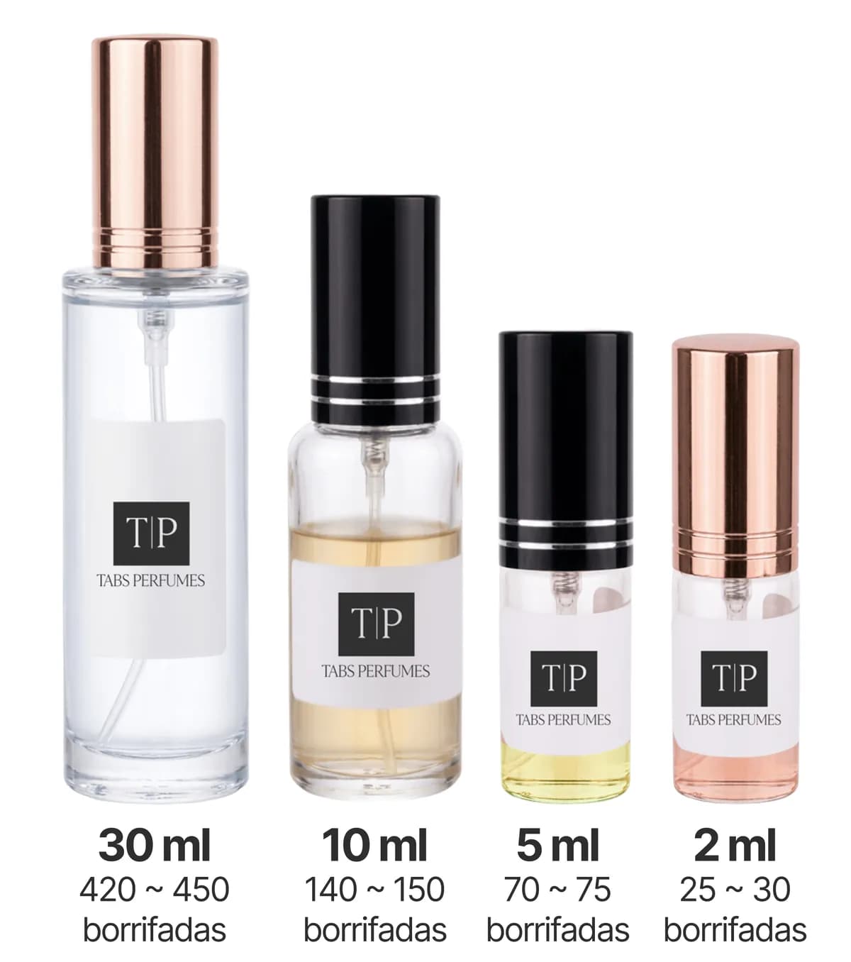 Frascos de decant da Tabs lado a lado: 30 ml, 10 ml, 5 ml e 2 ml, com a quantidade de borrifadas de cada um